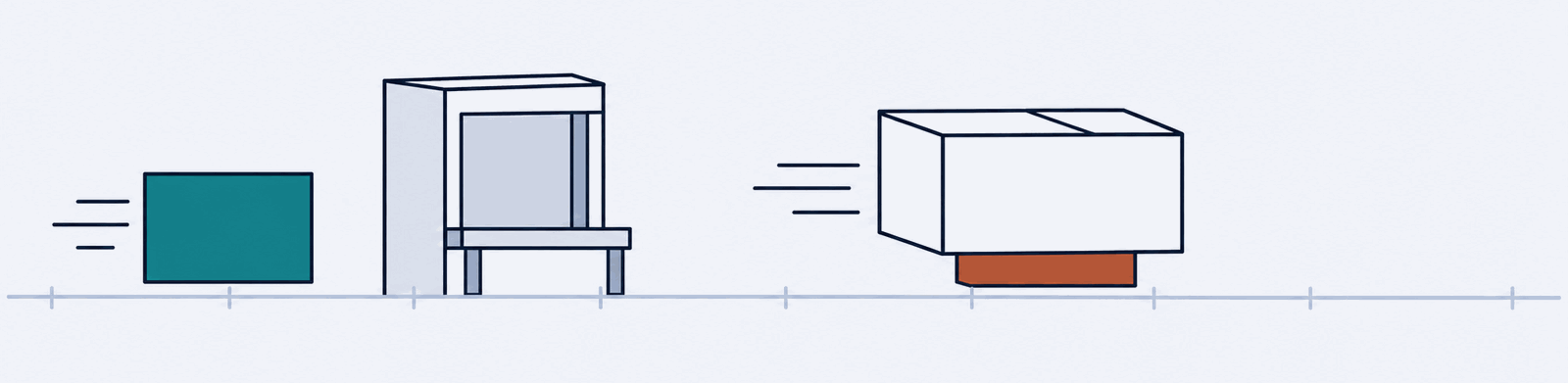 Illustration: a parcel carrying an orange charge block moves away from a loading dock, while a teal credit token arrives at the dock behind it.